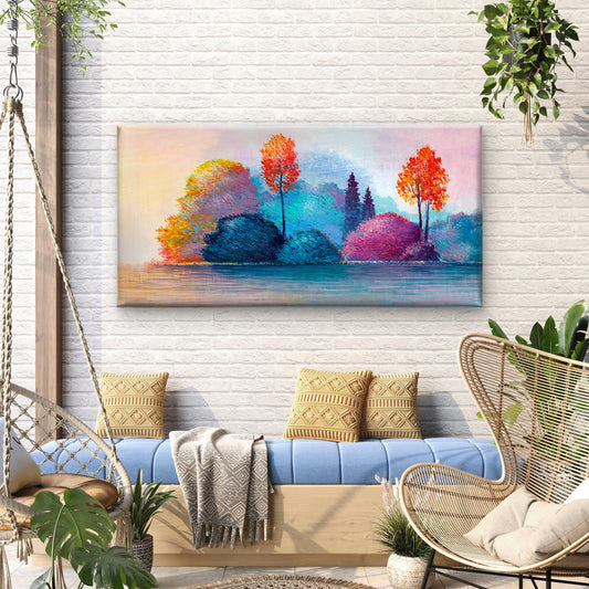 Impasto Autumn Lake Landscape Wall Art Canvas Office Home Room Framed 80x45cm