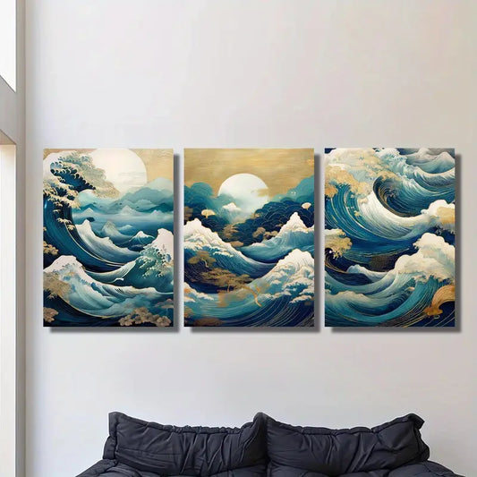 3pcs Moon Viewing, Hokusai Design Abstract Wave Metal Print Ready to Hang Art