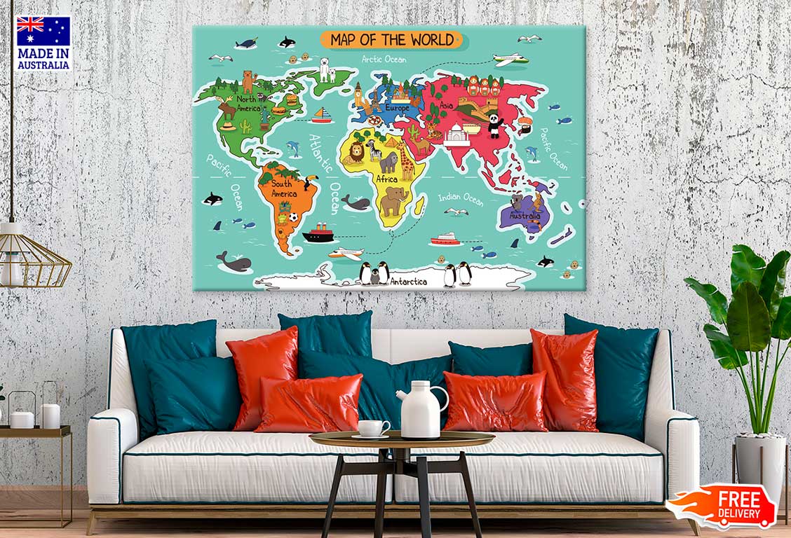 The World Map Illustration Print 100% Australian Made Stretched Canvas Ready to Hang - MP-115