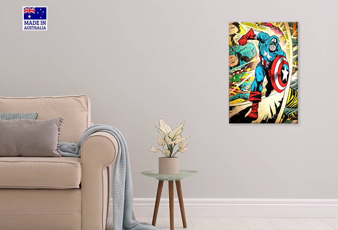 Superhero Comic Character with Shield Print 100% Australian Made 40x60cm Stretched Canvas Ready to Hang