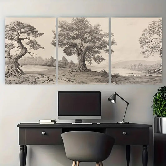 3pcs Vintage Black and White Tree Metal Print Ready to Hang Art