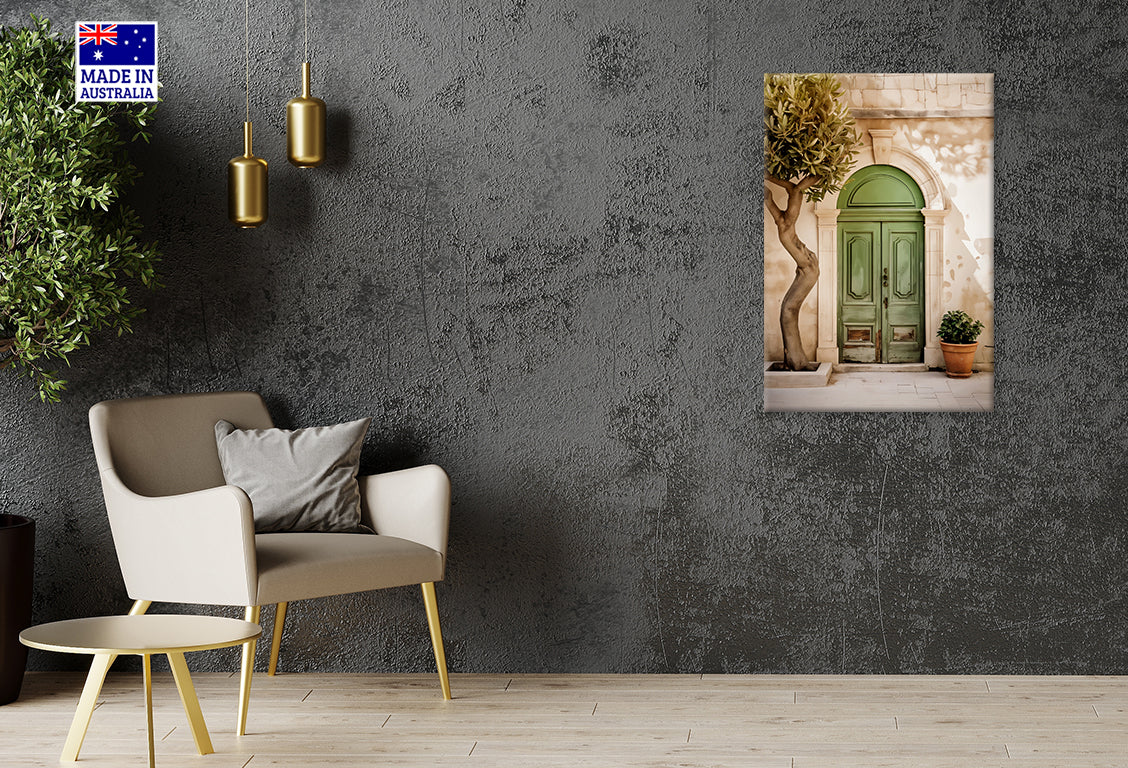 Vintage Green Door and Potted Plant Print 100% Australian Made 40x60cm Stretched Canvas Ready to Hang