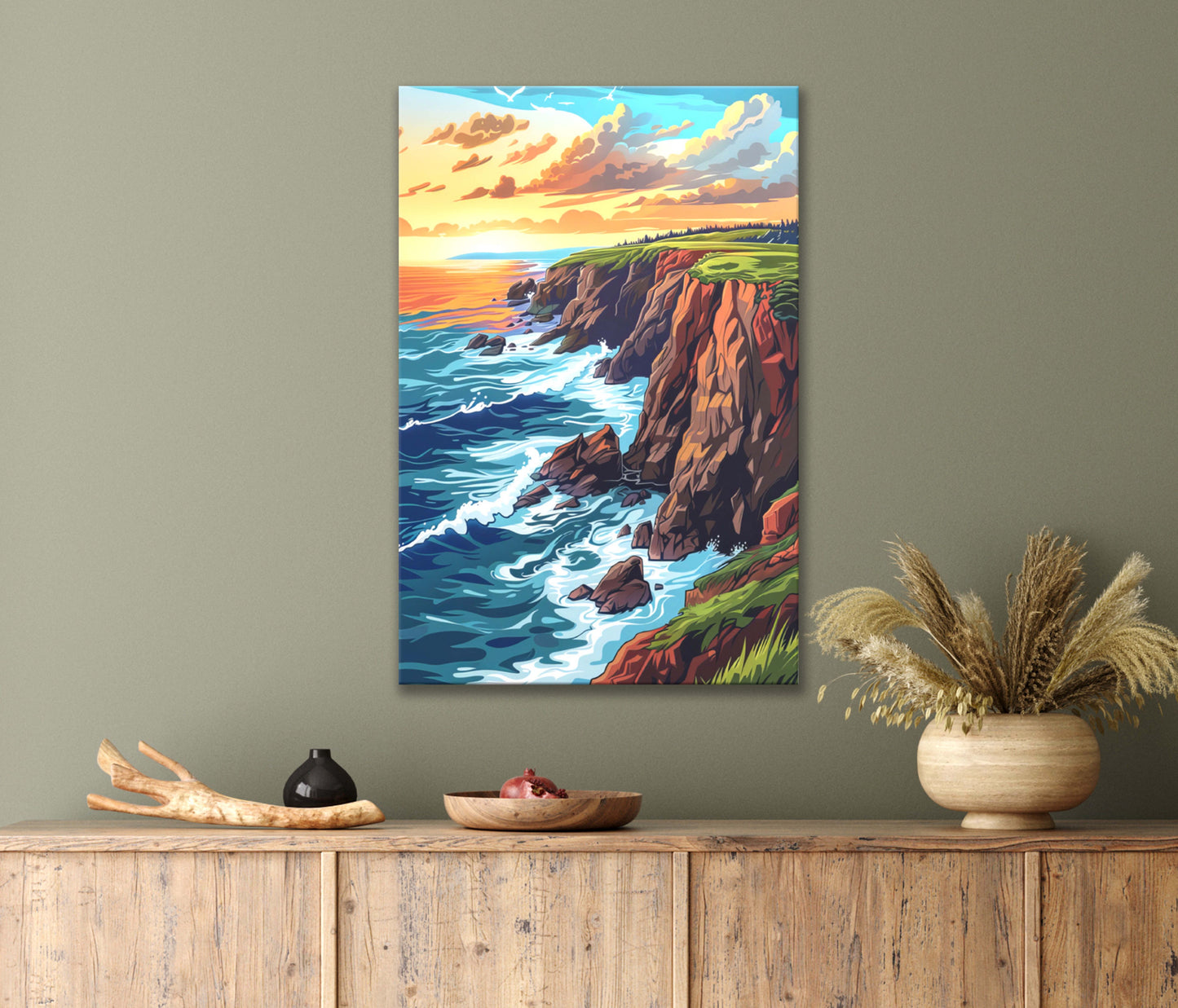 Calming Vibrant Painting of Glowing Sunset Over the Ocean Print 100% Australian Made 40x60cm Stretched Canvas Ready to Hang