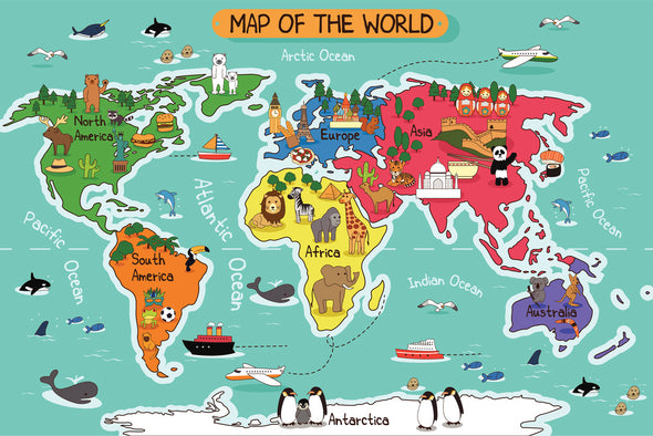 The World Map Illustration Print 100% Australian Made Stretched Canvas Ready to Hang - MP-115