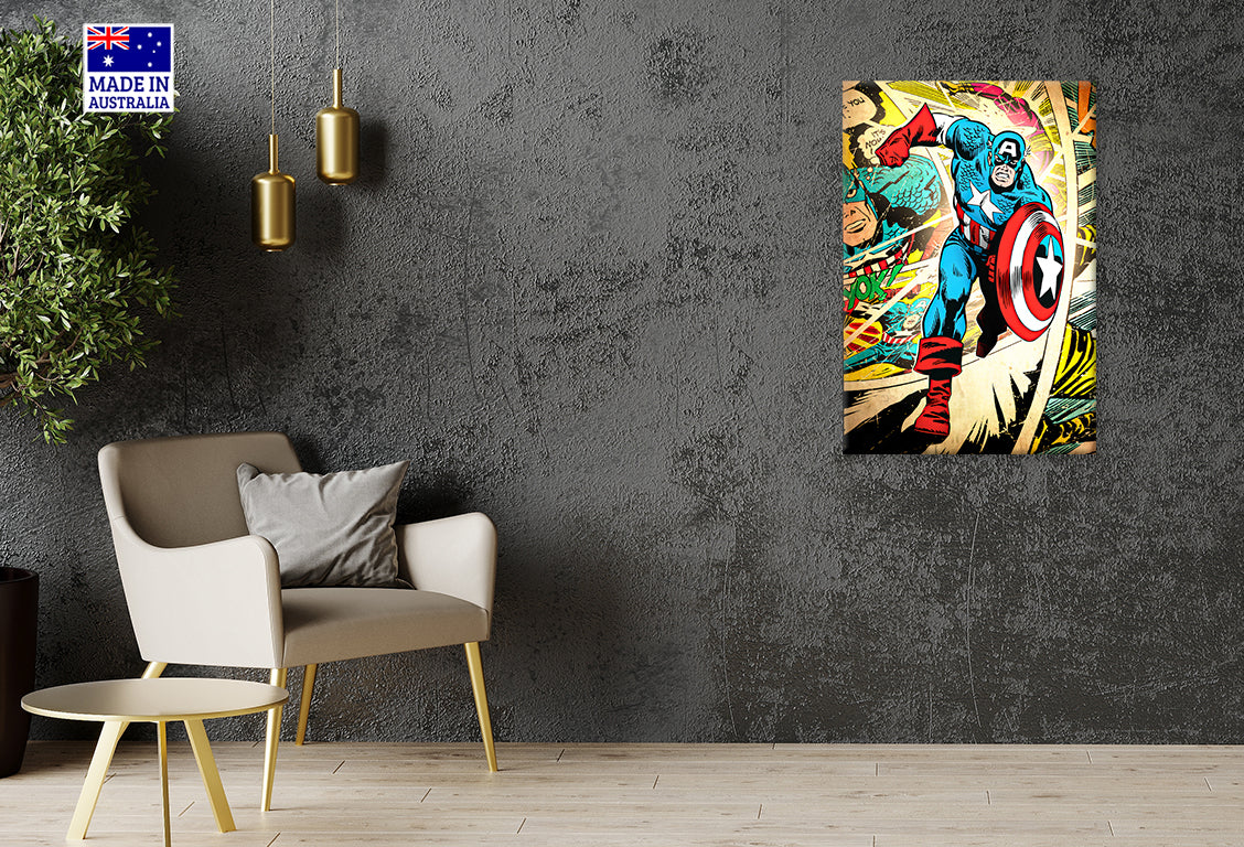 Superhero Comic Character with Shield Print 100% Australian Made 40x60cm Stretched Canvas Ready to Hang