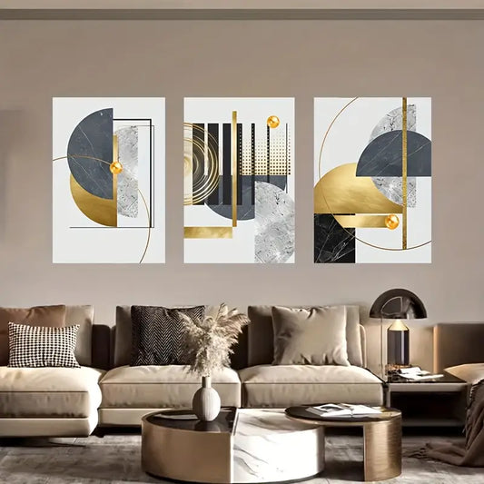 3pcs Modern Abstract Golden Shapes Metal Print Ready to Hang Art