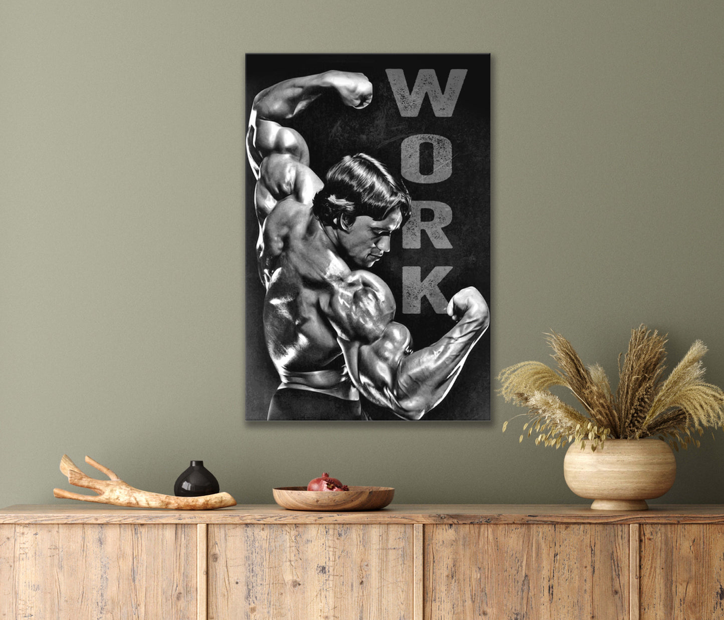 Strong Man Flexing His Muscles with The Word "Work" Print 100% Australian Made 40x60cm Stretched Canvas Ready to Hang