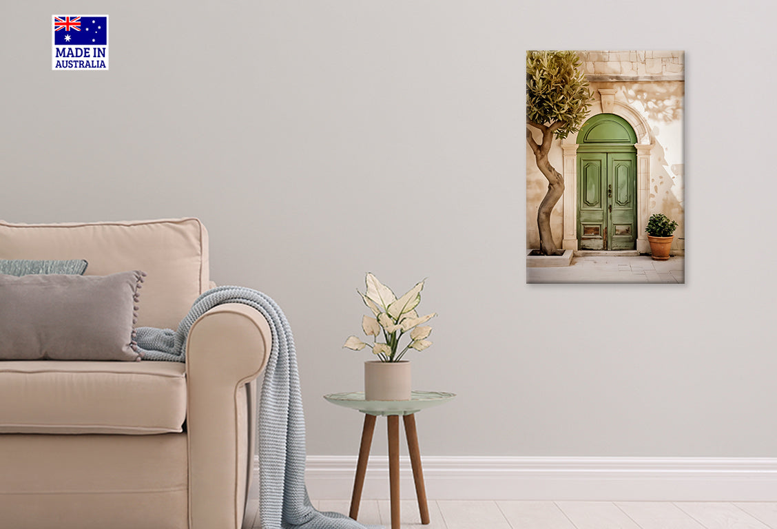 Vintage Green Door and Potted Plant Print 100% Australian Made 40x60cm Stretched Canvas Ready to Hang