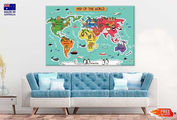 The World Map Illustration Print 100% Australian Made Stretched Canvas Ready to Hang - MP-115