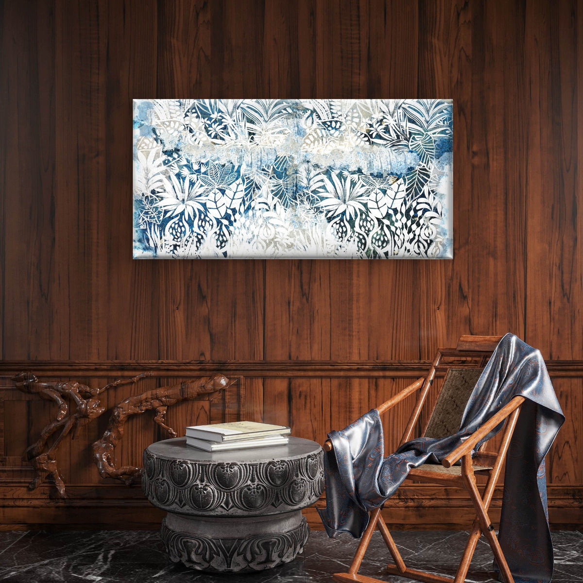 Distressed Blue Tropical Leaf Abstract Painting Wall Art Canvas Office Home Room Framed 80x45cm
