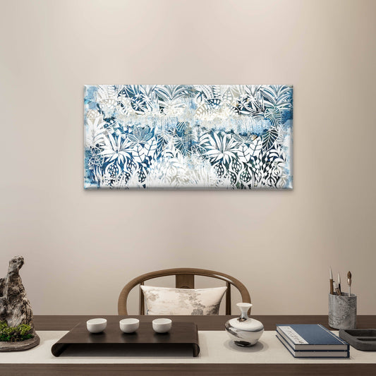 Distressed Blue Tropical Leaf Abstract Painting Wall Art Canvas Office Home Room Framed 80x45cm