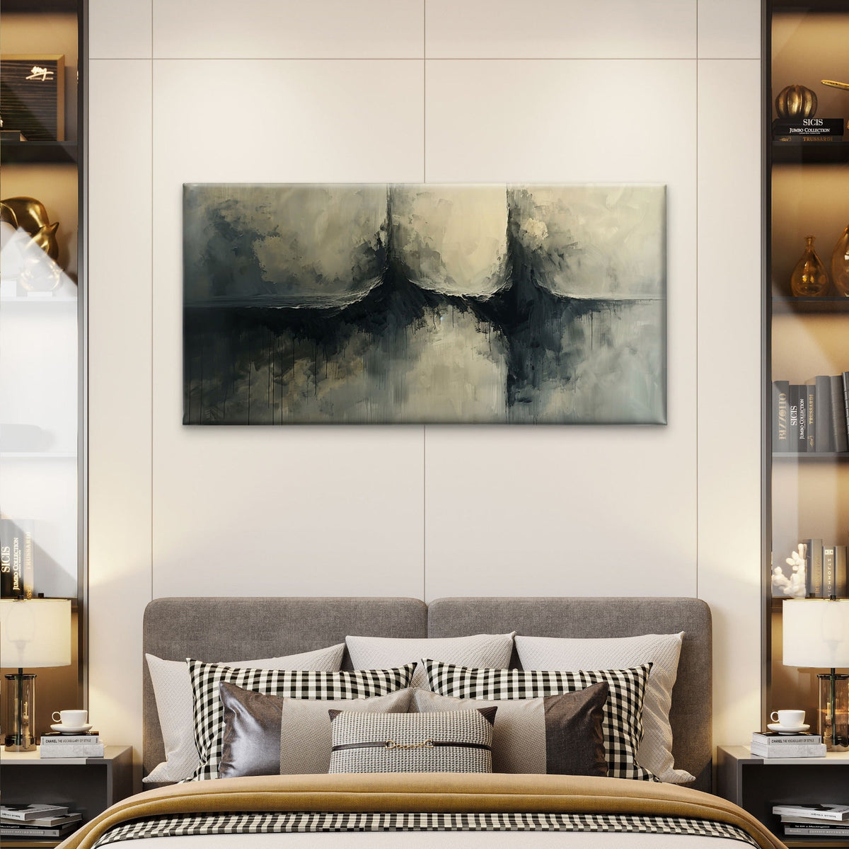 Dark Moody Abstract Black Grey Textured Painting Wall Art Canvas Office Home Framed 80x45cm