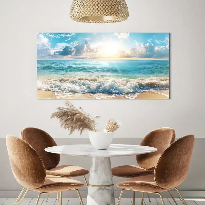 Blue Waves Beach Sunset Blue Sky Wall Art canvas office home room framed 120x60cm