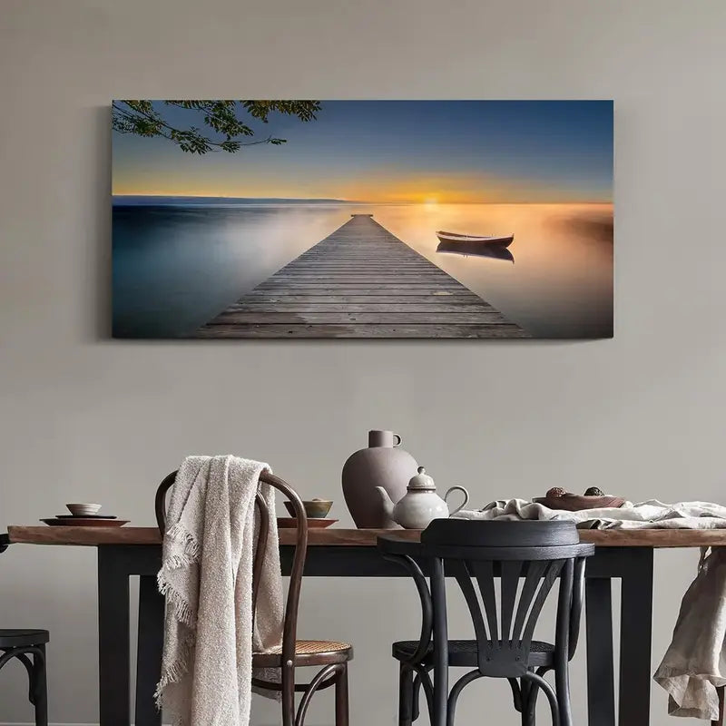 Serene Lake Rustic Pier Dock & Boat Scene Wall Art canvas office home room framed 120x60cm