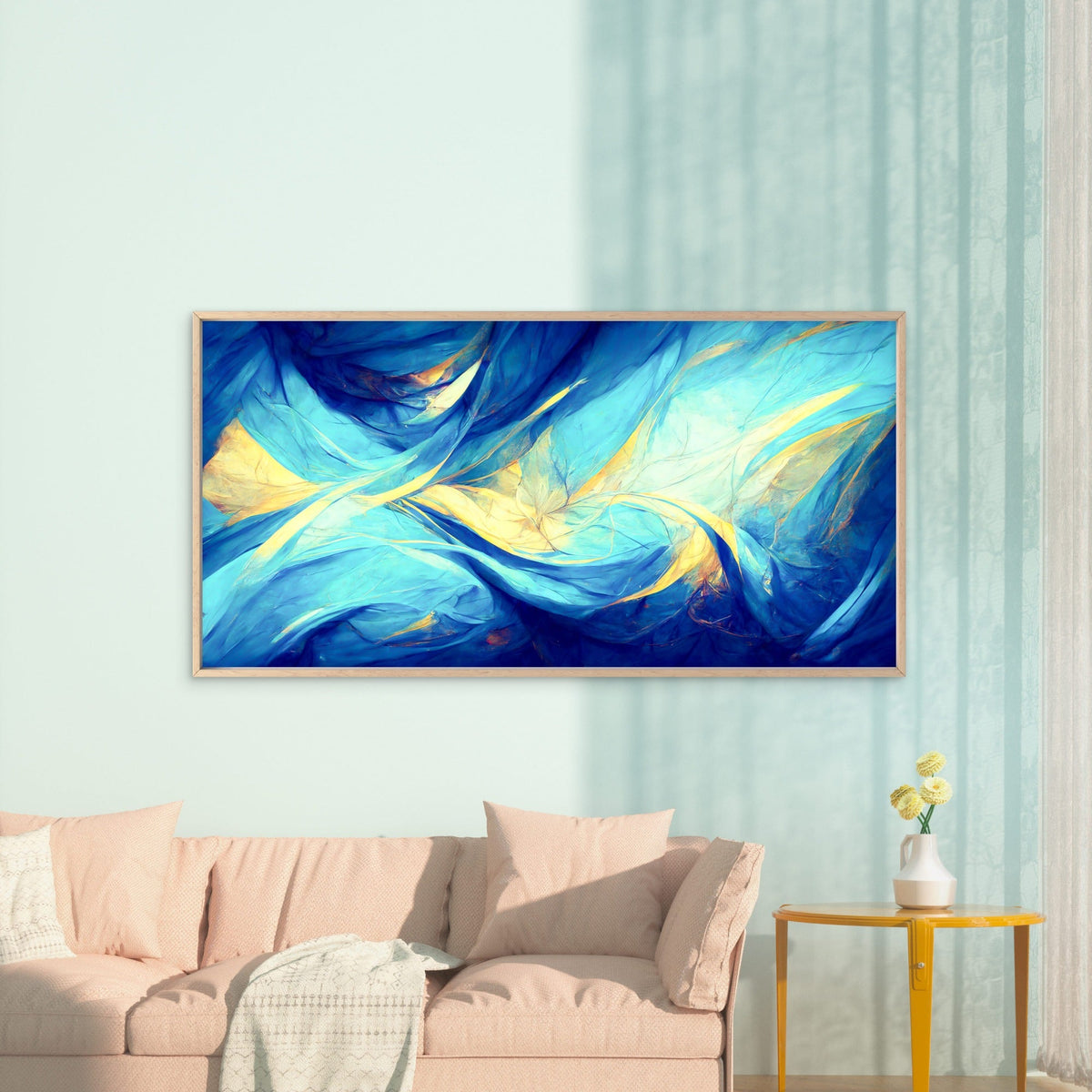 Blue Gold Flowing Waves Wall Art Canvas Office Home Room Framed 80x45cm