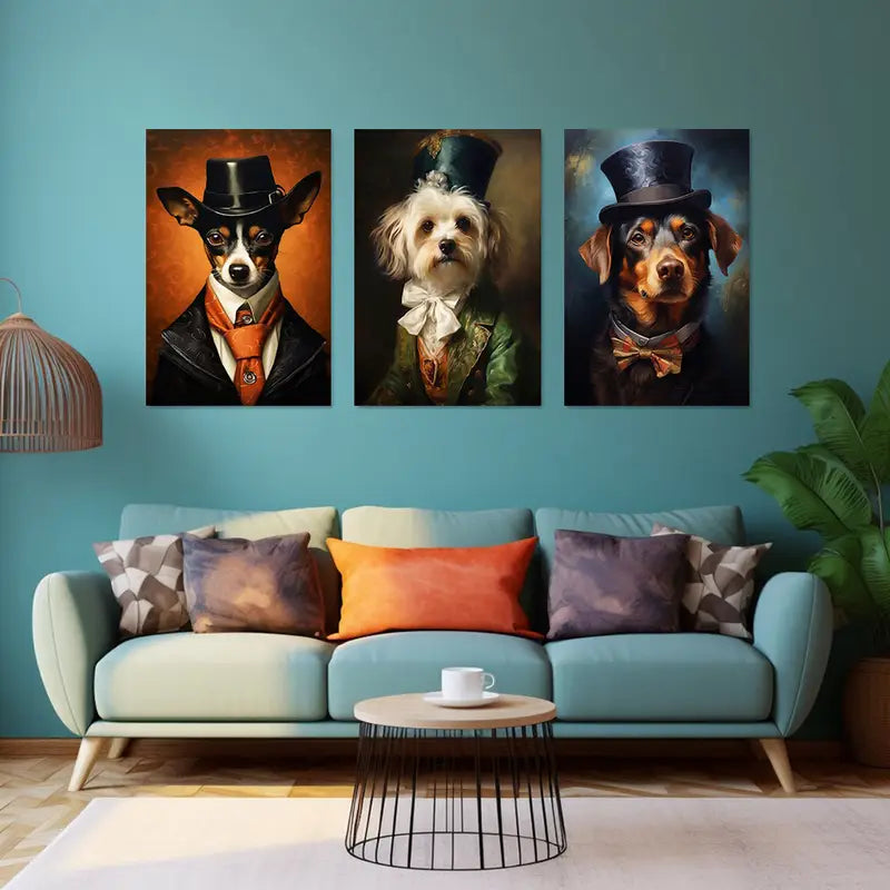 3pcs Elegant Suit & Top Hat Dog Classic Design Metal Print Ready to Hang Art