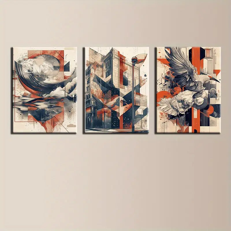 3pcs Gray Orange Geometric Pattern Abstract Metal Print Ready to Hang Art