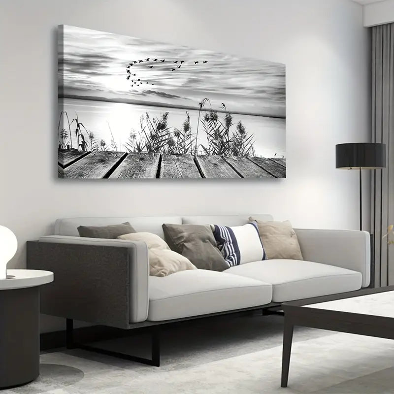 Black & White Sunset Lake Flying Birds Wall Art canvas office home room framed 120x60cm