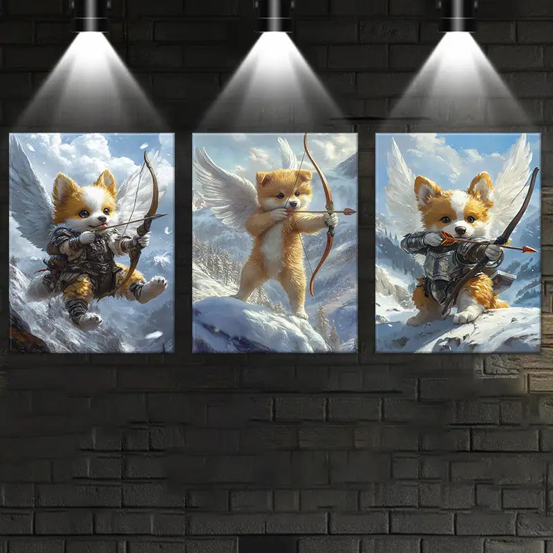 3pcs Whimsical Angel Fox with Bow and Arrow, Vibrant Metal Print Ready to Hang Art