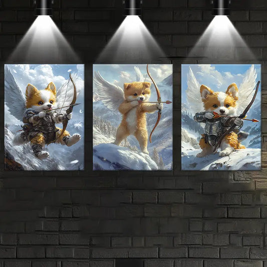3pcs Whimsical Angel Fox with Bow and Arrow, Vibrant Metal Print Ready to Hang Art