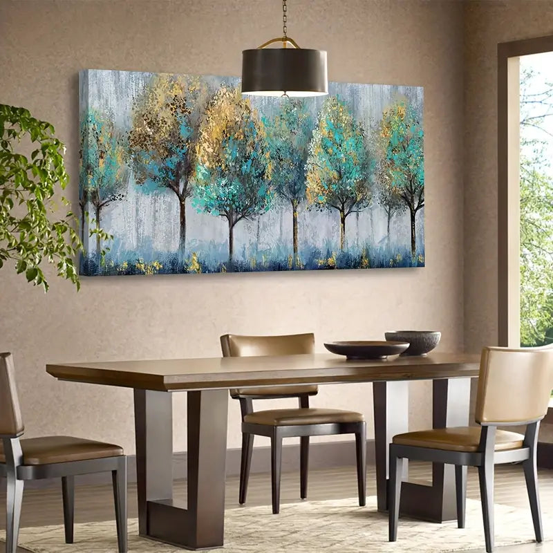 Abstract Forest Teal Yellow Trees Grey Blue Botanical Wall Art canvas office home room framed 120x60cm
