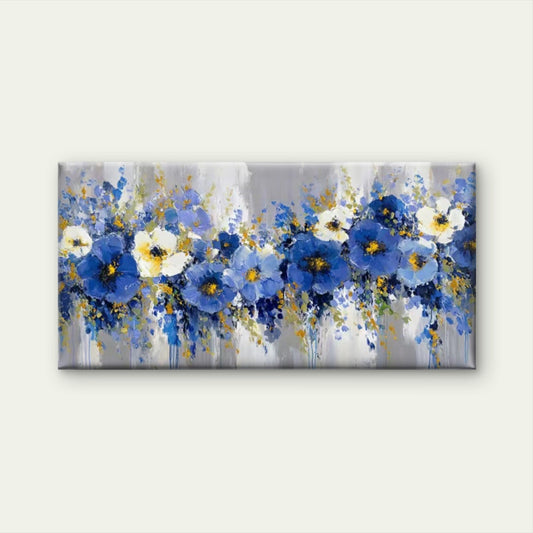 Blue & Golden Abstract Floral Wall Art Canvas Office Home Room Framed 80x45cm