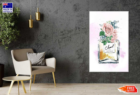 Pink FLowers & Gold Perfume Bottle Fashion Print 100% Australian Made Stretched Canvas Ready to Hang - FS - 143