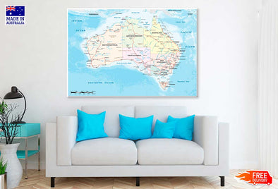 Australian Continent Detailed Map Print 100% Australian Made Stretched Canvas Ready to Hang  - MP-116