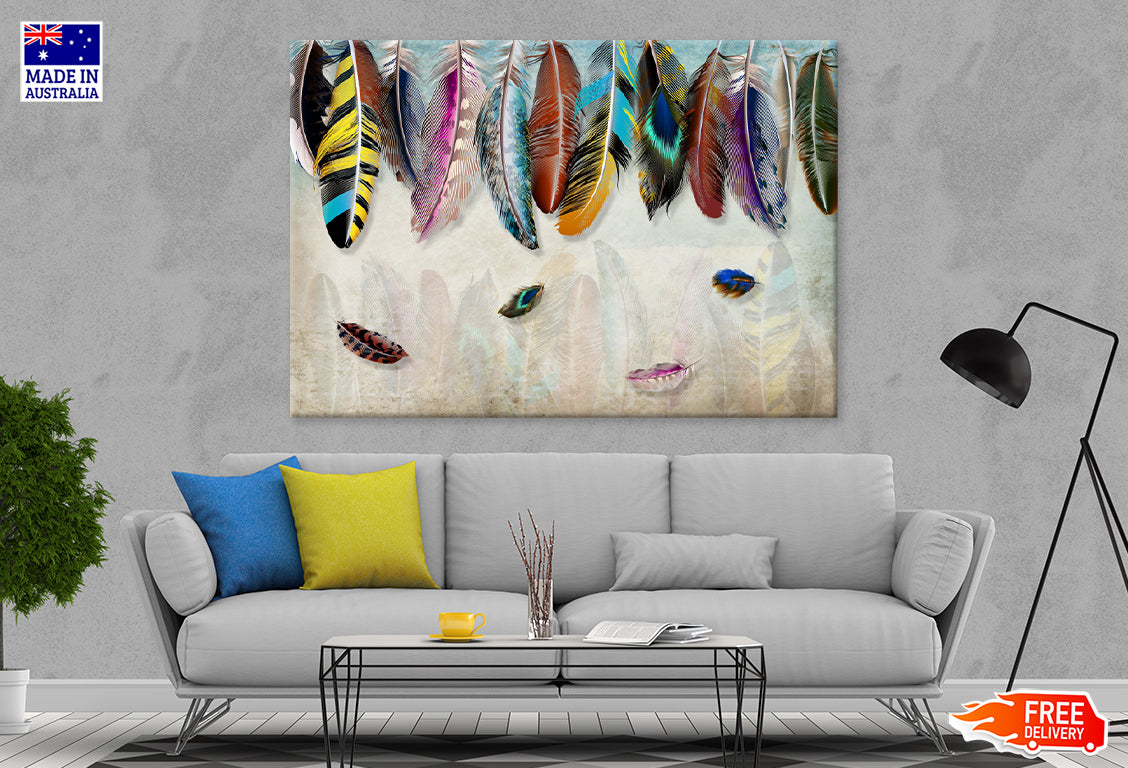 Multicolour Feathers Watercolor Print 100% Australian Made Stretched Canvas Ready to Hang - BO-116