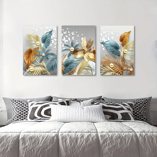 3pcs Golden Butterfly Leaf Floral Design Metal Print Ready to Hang Art