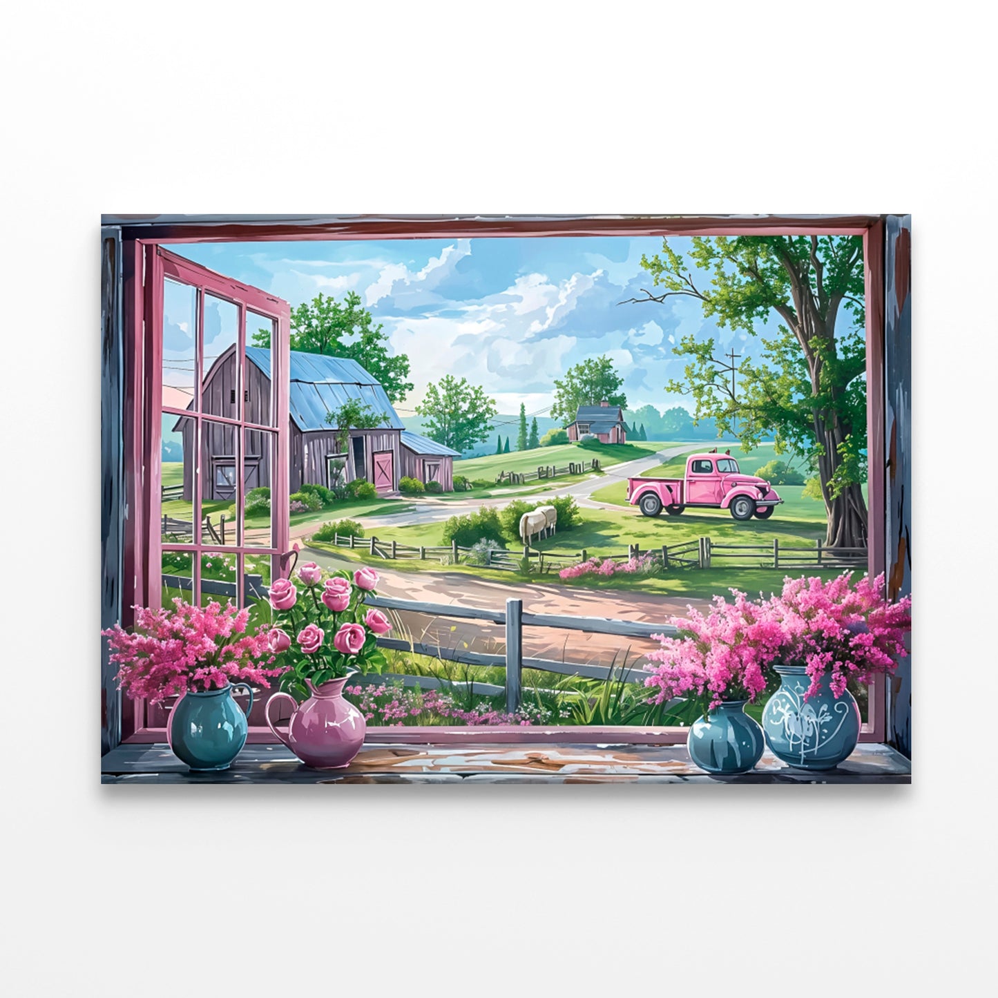 Vintage Wildflowers & Truck Window View Print 100% Australian Made 60x40cm Stretched Canvas Ready to Hang