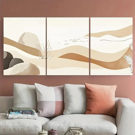 3pcs Nature Hills with Beige Brown Metal Print Ready to Hang Art