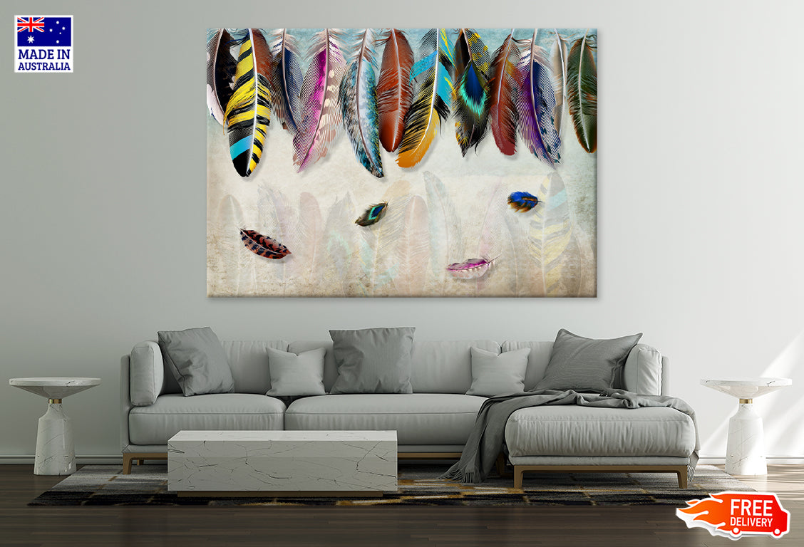 Multicolour Feathers Watercolor Print 100% Australian Made Stretched Canvas Ready to Hang - BO-116