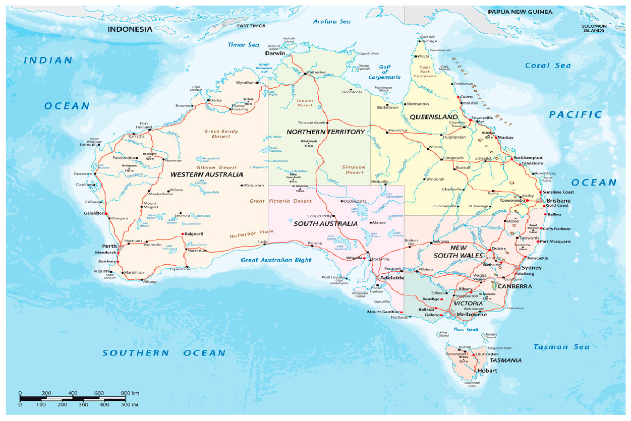 Australian Continent Detailed Map Print 100% Australian Made Stretched Canvas Ready to Hang  - MP-116