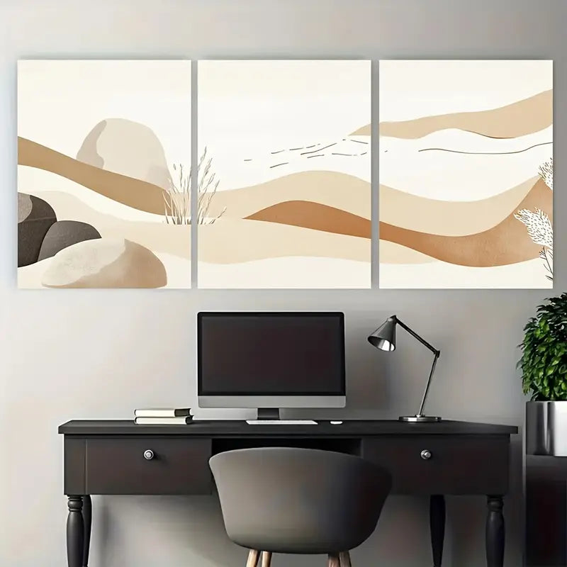3pcs Nature Hills with Beige Brown Metal Print Ready to Hang Art