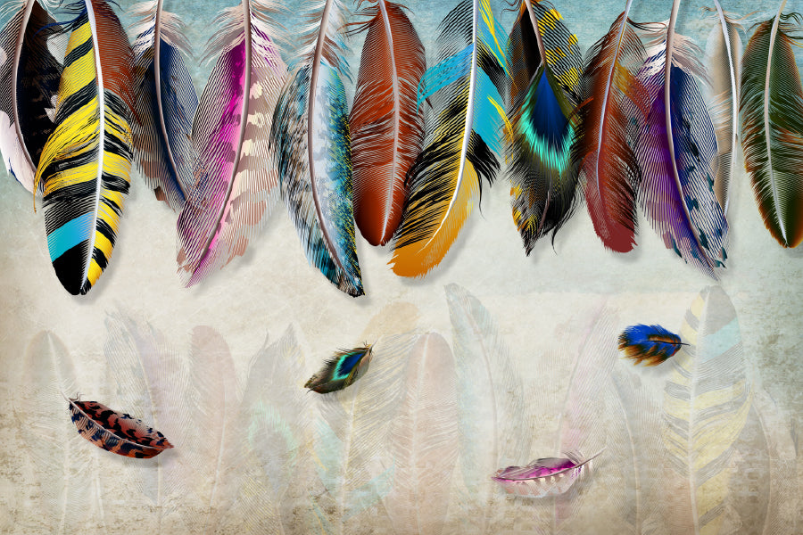 Multicolour Feathers Watercolor Print 100% Australian Made Stretched Canvas Ready to Hang - BO-116