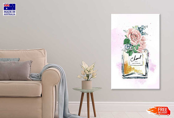 Pink FLowers & Gold Perfume Bottle Fashion Print 100% Australian Made Stretched Canvas Ready to Hang - FS - 143