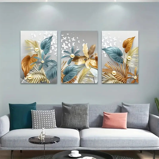 3pcs Golden Butterfly Leaf Floral Design Metal Print Ready to Hang Art