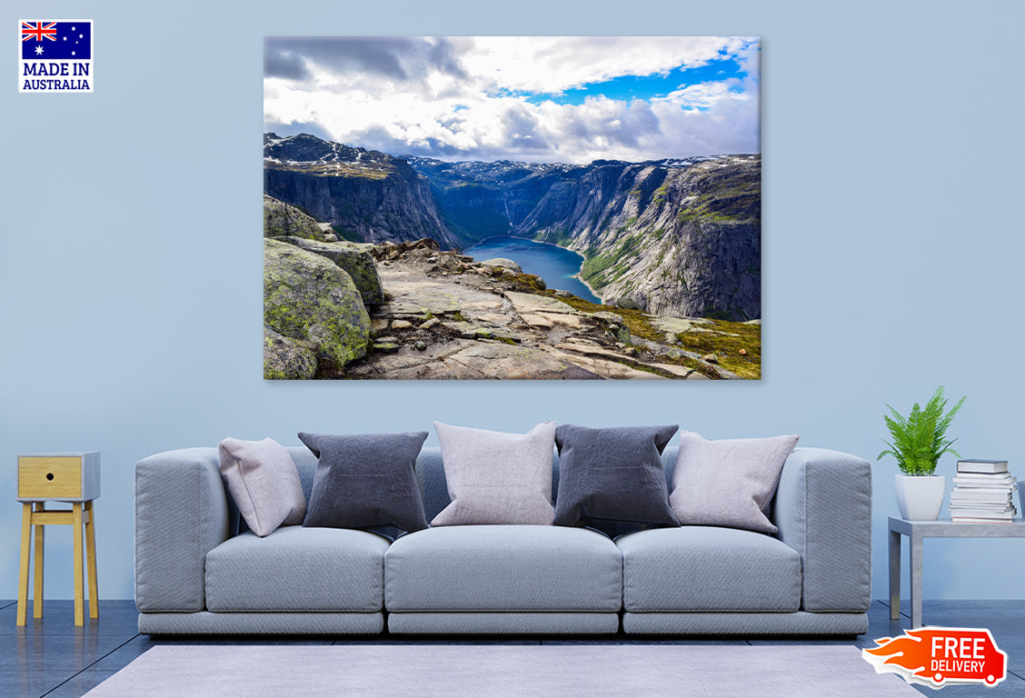 Cloudy Sky Mountains Hill & Lake Print 100% Australian Made Stretched Canvas Ready to Hang - NT-116