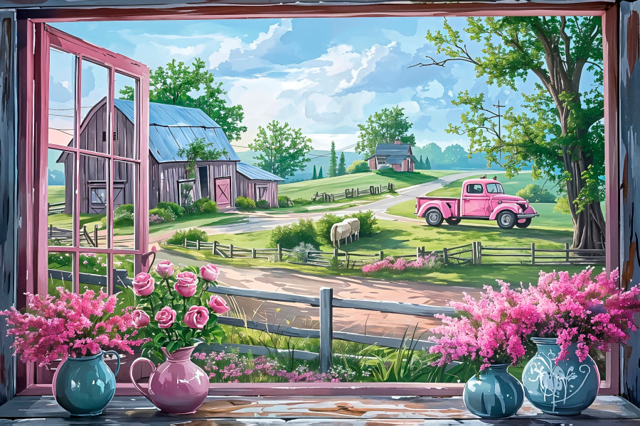 Vintage Wildflowers & Truck Window View Print 100% Australian Made 60x40cm Stretched Canvas Ready to Hang