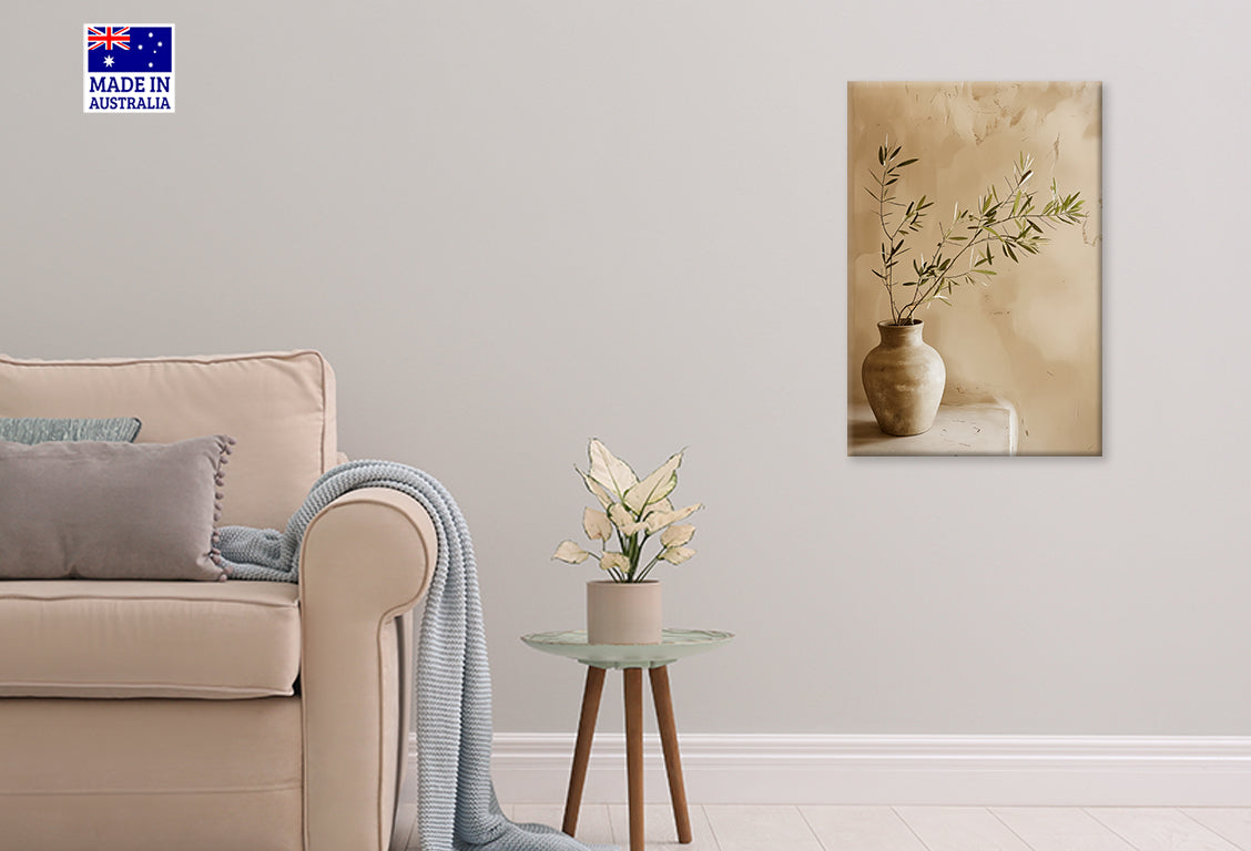 Vase With a Plant in It on a Table Print 100% Australian Made 40x60cm Stretched Canvas Ready to Hang