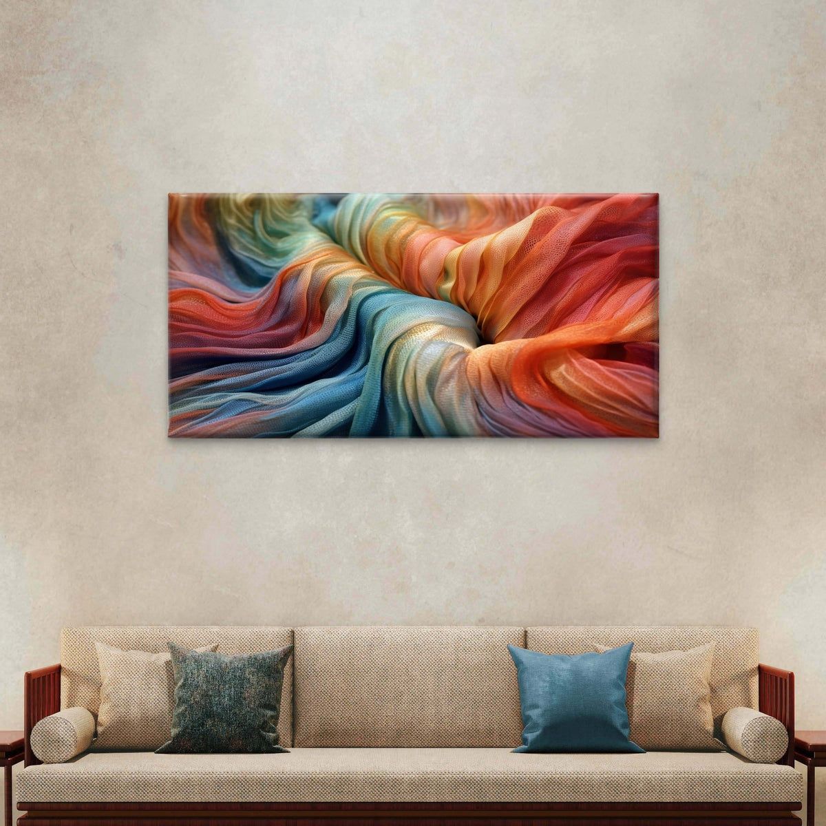 Rainbow Silk Fabric Wave Pattern Wall Art Canvas Office Home Framed 80x45cm