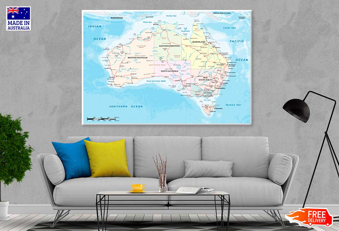 Australian Continent Detailed Map Print 100% Australian Made Stretched Canvas Ready to Hang  - MP-116