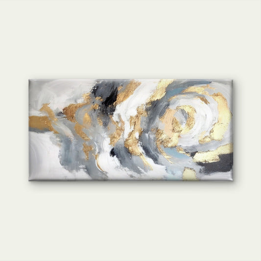 Grey Gold Brushstroke Abstract Wall Art Canvas Office Home Room Framed 80x45cm