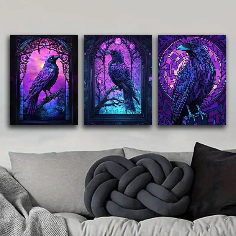 3pcs Stained glass window a Raven Metal Print Ready to Hang Art