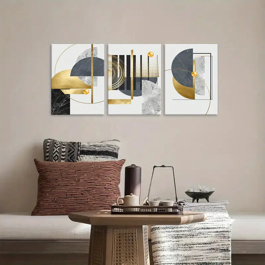 3pcs  Artistic Abstract Shapes Gold Classic Design Metal Print Ready to Hang Art
