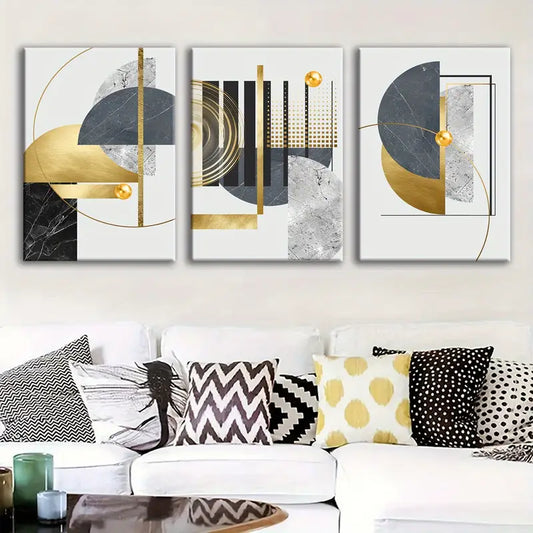 3pcs  Artistic Abstract Shapes Gold Classic Design Metal Print Ready to Hang Art