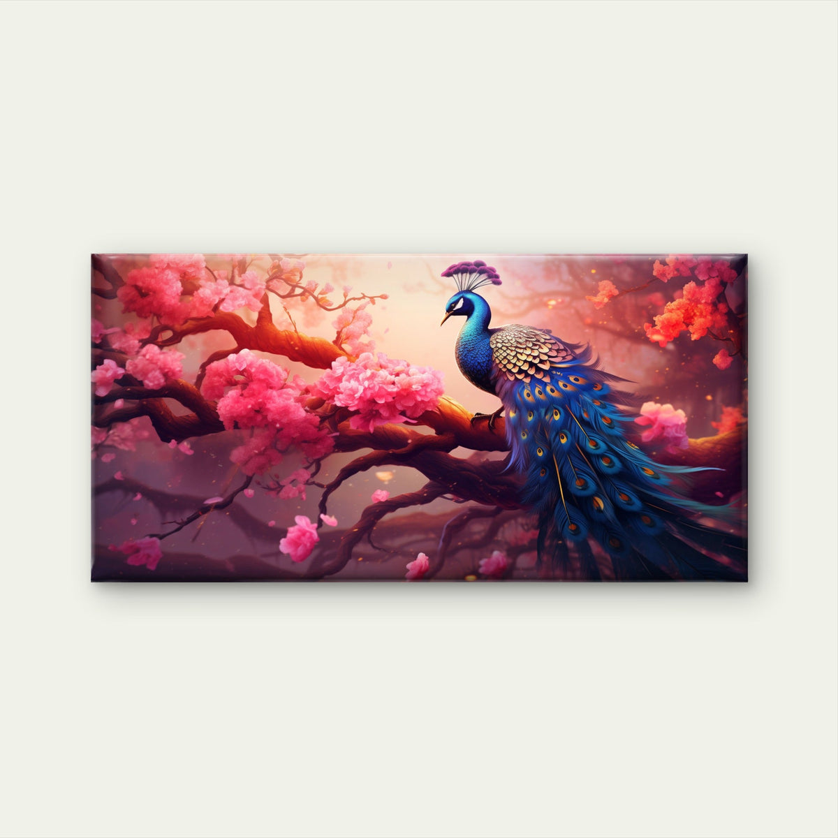 Peacock Among Pink Flowers Wall Art Canvas Office Home Room Framed 120x60cm
