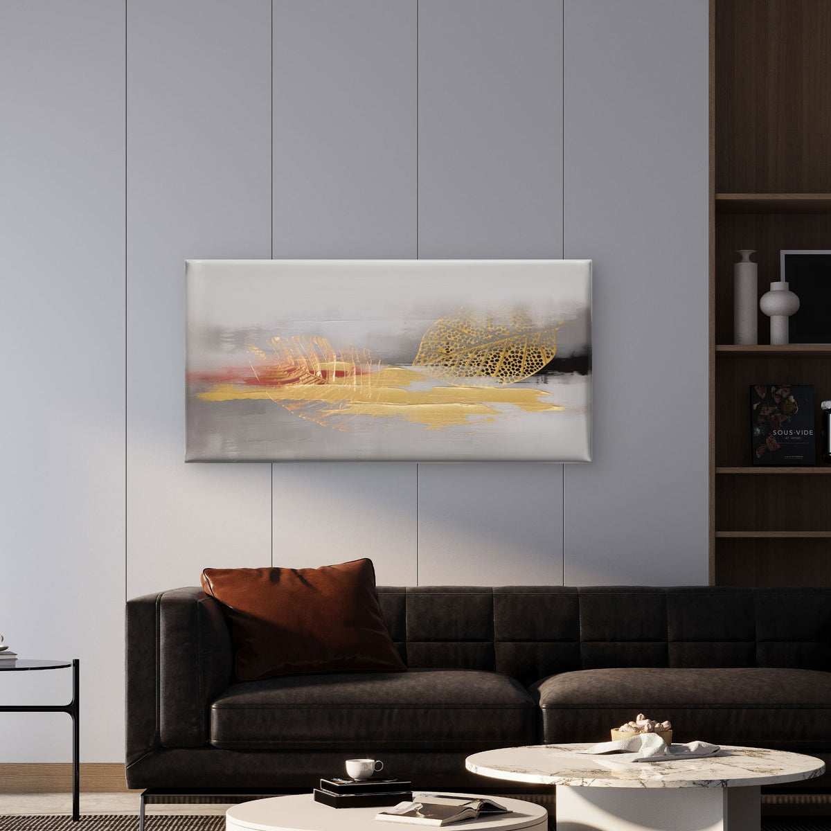 Modern Abstract Golden Leaf Wall Art Canvas Office Home Room Framed 120x60cm