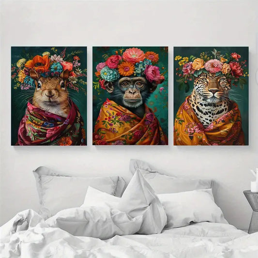 3pcs Squirrel, Monkey, Leopard with Floral Headpieces Metal Print Ready to Hang Art